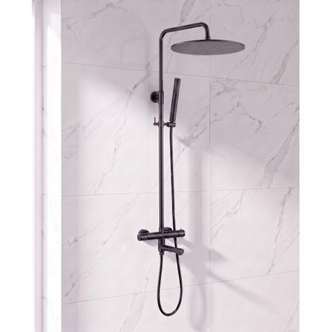FugaFlow Eccelente Sobrado Ensemble douche pluie - thermostatique - douche de tête 30 cm - flexible métallique - douchette bâton - bec de baignoire pivotant - noir mat SW1592791