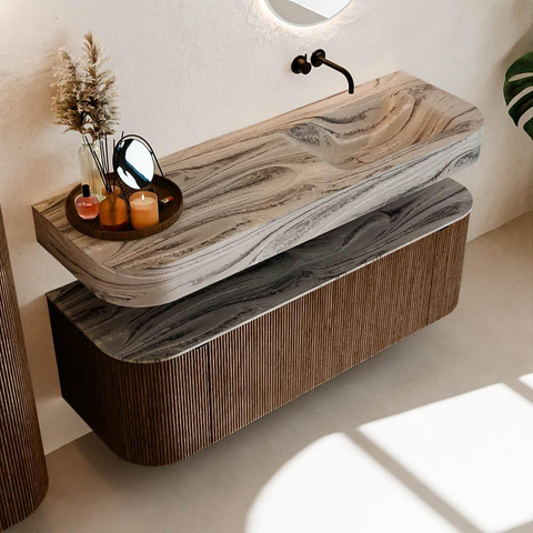MONDIAZ THOR-DLUX 140cm badmeubel ronding links + rechts kleur Walnut met 1 lade en 2 deuren. Vrijhangende wastafel CLOUD Rechts zonder kraangat kleur Sombra. SW1464335