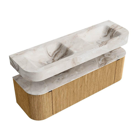 MONDIAZ THOR-DLUX 150cm meuble de salle de bains arrondi gauche + droite couleur Oak avec 1 tiroir et 2 portes. Vasque suspendue CLOUD Double 2 trous de robinet couleur Frappe. SW1464587