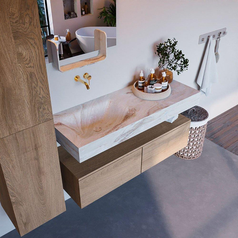 MONDIAZ ALAN - DLUX Badkamermeubelset - 120cm - onderkast - Washed Oak - 2 lades - vrijhangende wastafel - wasbak links - 0 kraangaten - Frappe SW808707