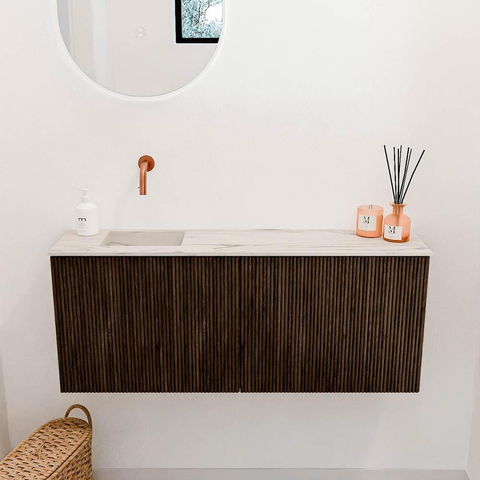 Mondiaz JOYA-DLUX 100cm toiletmeubel - kleur Walnut - Wastafel FAYE positie Links Zonder kraangat kleur Nata. SW1424494