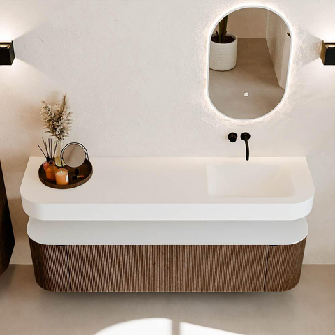 MONDIAZ THOR 170cm badmeubel ronding links + rechts kleur Walnut met 1 lade en 2 deuren. Vrijhangende wastafel CLOUD Rechts zonder kraangat kleur Talc. SW1465569