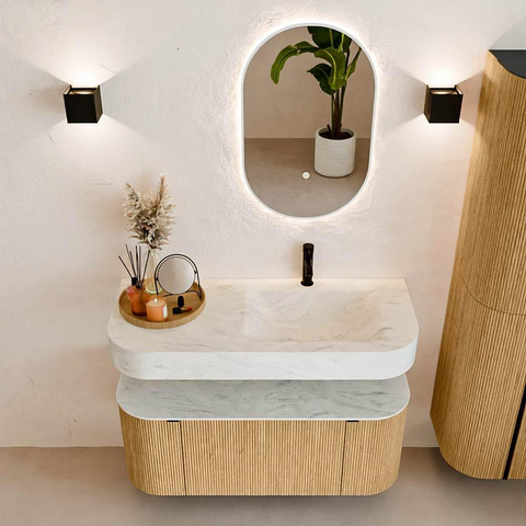 MONDIAZ THOR-DLUX 110cm badmeubel ronding links + rechts kleur Oak met 1 lade en 2 deuren. Vrijhangende wastafel CLOUD Rechts 1 kraangat kleur Opalo. SW1462762