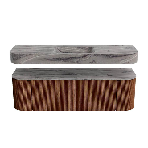 MONDIAZ THOR-DLUX 150cm meuble de salle de bains arrondi gauche + droite couleur Ruby avec 1 tiroir et 2 portes. Vasque suspendue CLOUD Milieu 1 trou de robinet couleur Sombra. SW1464920