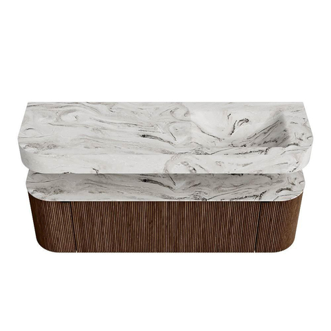 MONDIAZ THOR-DLUX 150cm badmeubel ronding links + rechts kleur Walnut met 1 lade en 2 deuren. Vrijhangende wastafel CLOUD Rechts 1 kraangat kleur Glace. SW1464659