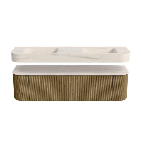 MONDIAZ THOR-DLUX 170cm meuble de salle de bains arrondi gauche + droite couleur Dusk avec 1 tiroir et 2 portes. Vasque suspendue CLOUD Double sans trou de robinet couleur Meli. SW1465741
