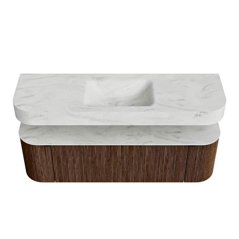 MONDIAZ THOR-DLUX 150cm badmeubel ronding links + rechts kleur Walnut met 1 lade en 2 deuren. Vrijhangende wastafel CLOUD Midden 1 kraangat kleur Opalo. SW1464642