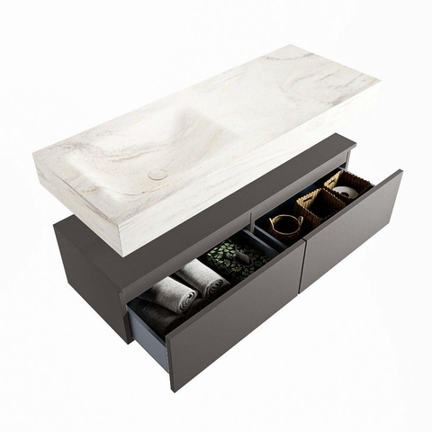 Mondiaz ALAN-DLUX Ensemble de meuble - 120cm - meuble Dark grey mat - 2 tiroirs - Lavabo Cloud Ostra suspendu - vasque Gauche - 0 trous de robinet SW807294