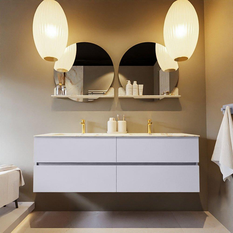 Mondiaz VICA-DLUX Ensemble meuble de salle de bains - 150cm - cale - 4 tiroirs - Lavabo encastré CLOUD - double 2 trous de robinet - couleur Frappe - version XL 60cm de haut SW1189188