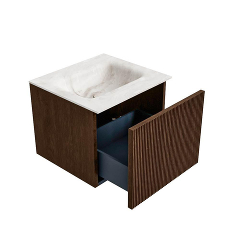 MONDIAZ KURVE-DLUX Meuble de salle de bains 50 cm couleur Walnut avec 1 tiroir. Vasque GRUNNE centrale 1 trou de robinet couleur Frappe. SW1137400
