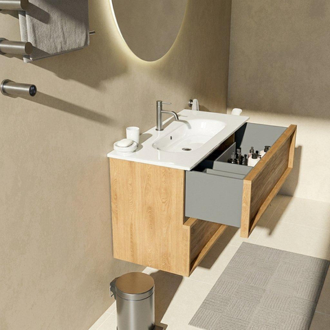 Saniclass Holz Frame Ensemble meuble de salle de bains - 100x45x73.9cm - lavabo en céramique Chaci blanc - 1 vasque - 1 trou de robinet - 2 tiroirs - chêne natural mat (bois) SW1580022