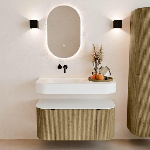 MONDIAZ THOR 100cm meuble de salle de bains arrondi gauche + droite couleur Dusk avec 1 tiroir et 2 portes. Vasque suspendue CLOUD gauche sans trou de robinet couleur Talc. SW1467383