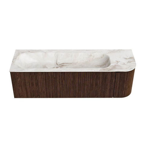 MONDIAZ KURVE-DLUX meuble de salle de bains 145 cm avec module 25 R couleur Walnut avec 1 tiroir et 1 porte. Lavabo BIG LARGE gauche 2 trous de robinet couleur Frappe. SW1137451