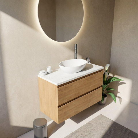 Saniclass Holz Pure Badkamermeubelset - 100x45x63cm - Dia marmeren wastafelblad gepolijst (wit) - 1 kraangat - 2 lades - mat eiken natural (hout) SW1478352