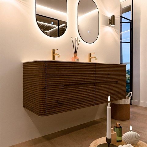 Mondiaz CIRO-DLUX Meuble de salle de bains - 140x45x50cm - Plan vasque solid surface Nata - 2 vasques Double - 2 perçages de robinetterie - 4 tiroirs - Dusk SW1533223