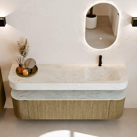 MONDIAZ THOR-DLUX 170cm meuble de salle de bains arrondi gauche + droite couleur Dusk avec 1 tiroir et 2 portes. Vasque suspendue CLOUD Droite 1 trou de robinet couleur Opalo. SW1465444