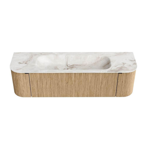 MONDIAZ KURVE-DLUX meuble de salle de bains 160 cm avec module 25 Len R couleur Chêne avec 1 tiroir et 2 portes. Plan-vasque BIG MEDIUM central sans trou de robinetterie couleur Frappe. SW1137348