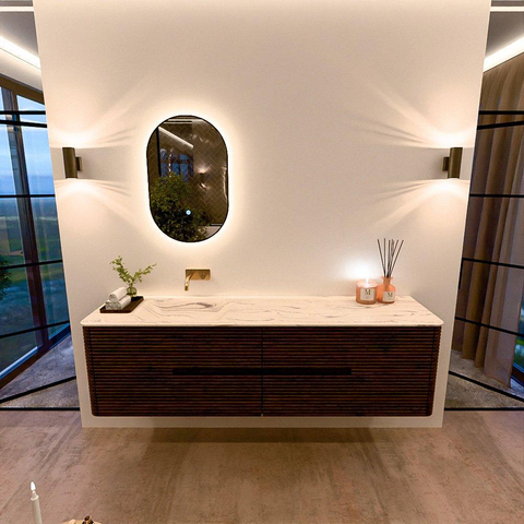 Mondiaz CIRO-DLUX Ensemble de meubles de salle de bains - 180x45x50cm - Vasque solid surface Nata - 1 lavabo à gauche - sans trous de robinet - 4 tiroirs - Noyer SW1530626