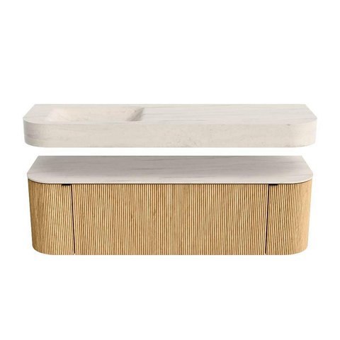 MONDIAZ THOR-DLUX 150cm meuble de salle de bains arrondi gauche + droite couleur Oak avec 1 tiroir et 2 portes. Vasque suspendue CLOUD gauche 1 trou de robinet couleur Meli. SW1464758