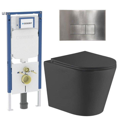 QeramiQ Dely Toiletset - 36.3x51.7cm - diepspoel - rimless - Geberit UP720 inbouwreservoir - softclose toiletzitting - steel bedieningsplaat - rechtehoekige knoppen - met Burda frame - mat zwart SW1428502
