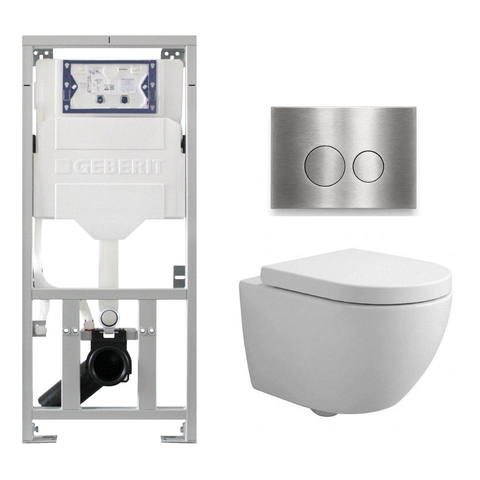 QeramiQ Dely Swirl Compact Toiletset - inbouwreservoir Geberit UP320 - met Burda frame - 25mm zitting - metalen bedieningsplaat RVS - ronde knoppen - glans wit SW1592324