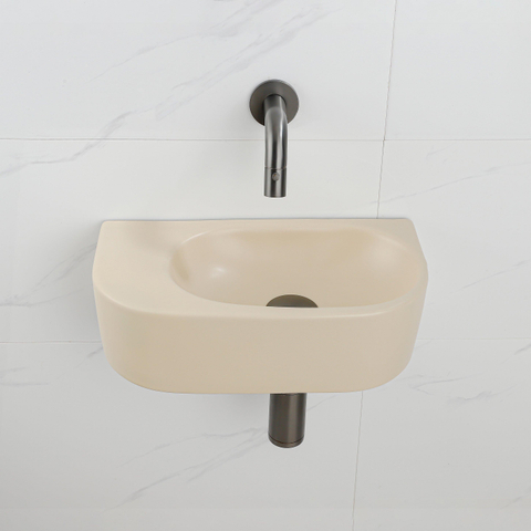 QeramiQ Fuente pack lave-mains – demi-rond – 40 x 21,5 x 12 cm – céramique beige – sans perçage – robinet gunmetal SW1233117