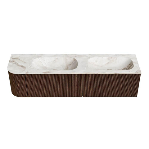 MONDIAZ KURVE-DLUX meuble de salle de bains 175 cm avec module 25 L couleur Walnut avec 2 tiroirs et 1 porte. Lavabo STOR SMALL double / droite sans trou de robinet couleur Frappe. SW1137517