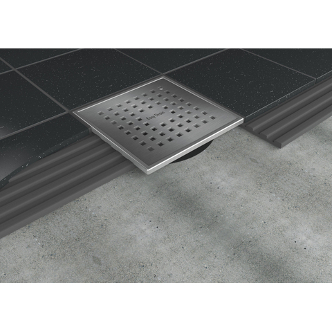 Easy Drain Aqua Plus Quattro siphon de sol avec partie de finition en inox avec grille en inox et sortie latérale 15x15cm profondeur d''encastrement 68 104mm garde d''eau 50 à 25mm 2302715
