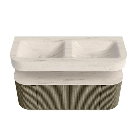 MONDIAZ THOR-DLUX Meuble de salle de bains 120cm arrondi gauche + droite couleur Shadow avec 1 tiroir et 2 portes. Vasque suspendue CLOUD Double 2 trous de robinet couleur Meli. SW1463351