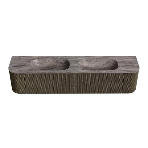 MONDIAZ KURVE-DLUX Meuble de salle de bains 200cm arrondi gauche + droite couleur Shadow avec 2 tiroirs et 2 portes. Lavabo STOR SMALL Double sans trou de robinet Oza. SW1432946