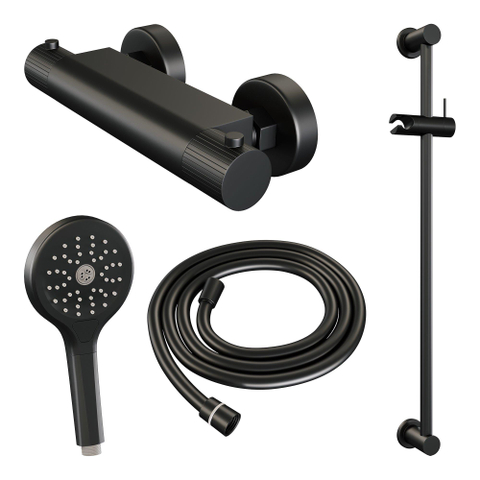 BRAUER Stripe Opbouw Douche Thermostaatkraan - SET 02 - glijstang - 3-standen handdouche - doucheslang - mat zwart SW1435111
