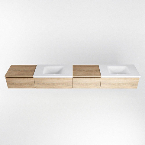 MONDIAZ BUKLA 280cm ensemble de meuble avec module 60 à droite couleur Chêne blanchi avec 4 tiroirs. Lavabo CLOUD double 2 trous de robinet couleur Talc. SW1382316