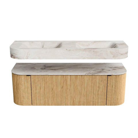 MONDIAZ THOR-DLUX 140cm meuble de salle de bains arrondi gauche + droite couleur Oak avec 1 tiroir et 2 portes. Vasque suspendue CLOUD Double 2 trous de robinet couleur Frappe. SW1463891