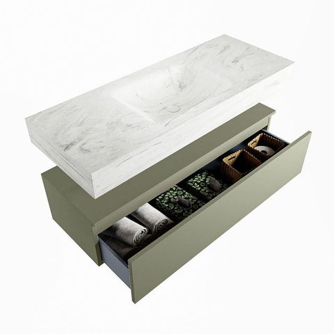 Mondiaz ALAN-DLUX Ensemble de meuble - 120cm - meuble Army mat - 1 tiroir - Lavabo Cloud Opalo suspendu - vasque Centre - 0 trous de robinet SW806830