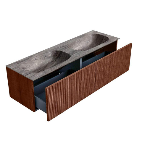 MONDIAZ KURVE-DLUX Meuble de salle de bains 150cm couleur Ruby avec 2 tiroirs et 0 portes. Lavabo STOR SMALL Double sans trou de robinet Oza. SW1432846