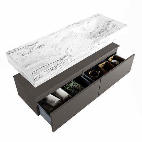 Mondiaz ALAN-DLUX Ensemble de meuble - 130cm - meuble Dark grey mat - 2 tiroirs - Lavabo Cloud Glace suspendu - vasque Droite - 0 trous de robinet SW805355