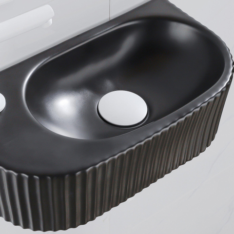 QeramiQ Fuente Ensemble de Lavabo - 40x21.5x12cm - gauche - strié - demi-rond - 1 trou de robinet - céramique - ensemble de robinet blanc mat - bouchon de vidange - siphon abaissé - noir mat SW1233010