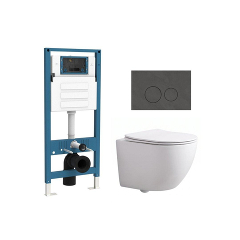 QeramiQ Dely Swirl Compact Ensemble WC - réservoir encastré QeramiQ flush - abattant slim - plaque de commande en marbre foncé - boutons ronds - blanc mat SW1590798