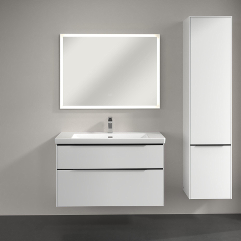 Villeroy & Boch Subway 3.0 badkamerkast - 40x35x170cm - met 2 rechtsdraaiende - softclose deuren - opbouw - met Volcano Black greep - spaanplaat - Brilliant White (wit) SW706802