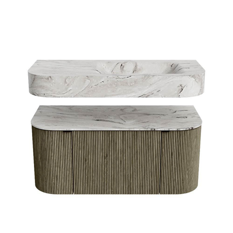 MONDIAZ THOR-DLUX 100cm meuble de salle de bains arrondi gauche + droite couleur Shadow avec 1 tiroir et 2 portes. Vasque suspendue CLOUD droite sans trou de robinet couleur Glace. SW1467732
