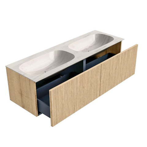 MONDIAZ KURVE-DLUX Meuble de salle de bains 140 cm couleur Oak avec 2 tiroirs et 0 porte. Lavabo STOR SMALL Double 2 trous de robinet Meli. SW1431652