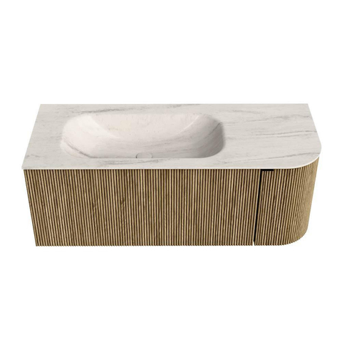 MONDIAZ KURVE-DLUX 115cm meuble de salle de bains arrondi droit couleur Dusk avec 1 tiroir et 1 porte. Vasque BIG SMALL gauche sans trou de robinet Meli. SW1431871