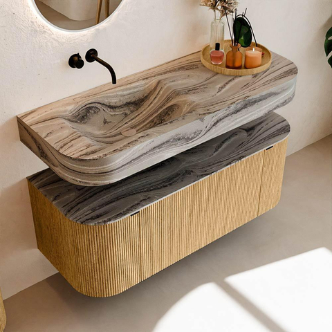 MONDIAZ THOR-DLUX Meuble de salle de bains 120cm arrondi gauche + droite couleur Oak avec 1 tiroir et 2 portes. Vasque suspendue CLOUD Gauche sans trou de robinet couleur Sombra. SW1463659