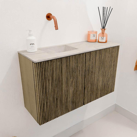 Mondiaz JOYA-DLUX 70cm toiletmeubel - kleur Dusk - Wastafel FAYE positie Links Zonder kraangat kleur Ostra. SW1423378