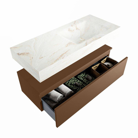 Mondiaz ALAN-DLUX Ensemble de meuble - 110cm - meuble Rust mat - 1 tiroir - Lavabo Cloud Frappe suspendu - vasque Droite - 0 trous de robinet SW805274