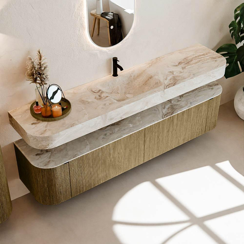 MONDIAZ THOR-DLUX Meuble de salle de bains - 200cm - arrondi gauche + droite - couleur Dusk - 2 tiroirs et 2 portes - Vasque suspendue CLOUD Milieu 1 trou de robinet couleur Frappe SW1466834