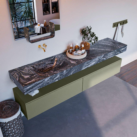 Mondiaz ALAN-DLUX Ensemble de meuble - 200cm - meuble Army mat - 2 tiroirs - Lavabo Cloud Lava suspendu - vasque Gauche - 0 trous de robinet SW808698