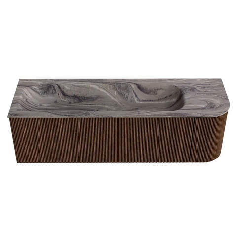 MONDIAZ KURVE-DLUX Meuble de salle de bains 145cm arrondi à droite couleur Walnut avec 1 tiroir et 1 porte. Vasque BIG LARGE à gauche sans trou de robinet Sombra. SW1433677