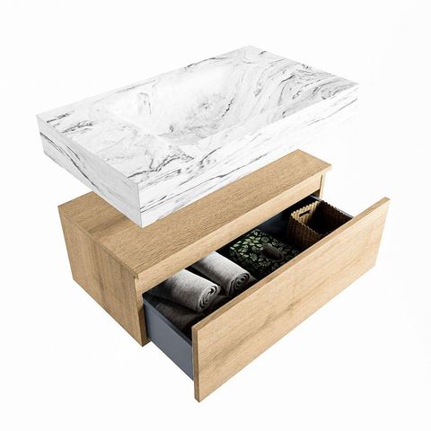 Mondiaz ALAN-DLUX Ensemble de meuble - 80cm - meuble Washed Oak mat - 1 tiroir - Lavabo Cloud Glace suspendu - vasque Centre - 1 trou de robinet SW808657