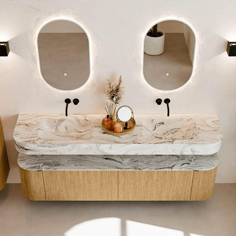 MONDIAZ THOR-DLUX Meuble de salle de bains - 190cm - arrondi gauche + droite - couleur Oak - 2 tiroirs et 2 portes - Vasque suspendue CLOUD Double sans trou de robinet - couleur Glace SW1466362
